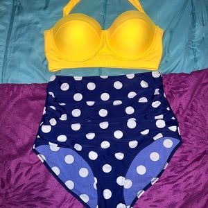 Retro Yellow Top & High Waisted polka dot Bottoms XL
